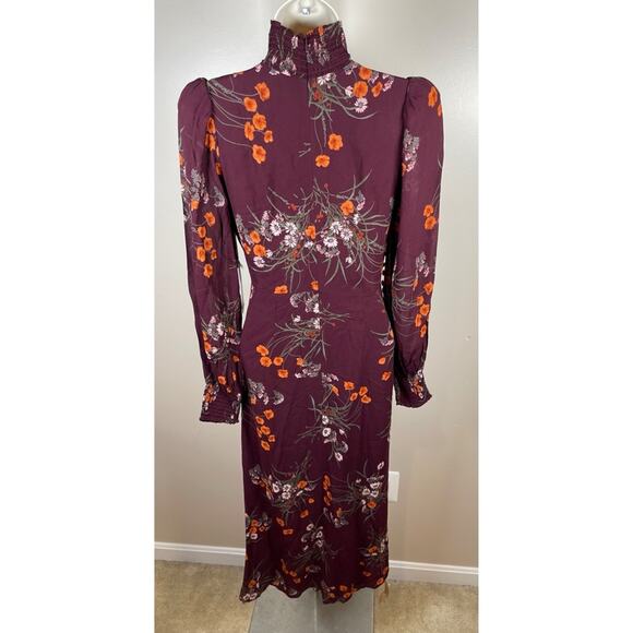 Reformation Aude Floral Smocked Georgette Turtleneck Long Sleeve Midi Dress Sz 0 - Picture 6 of 8